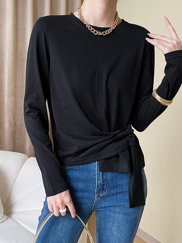 Long Sleeves Asymmetric Bowknot Solid Color Round-Neck T-Shirts Tops: COFFEE / One_size