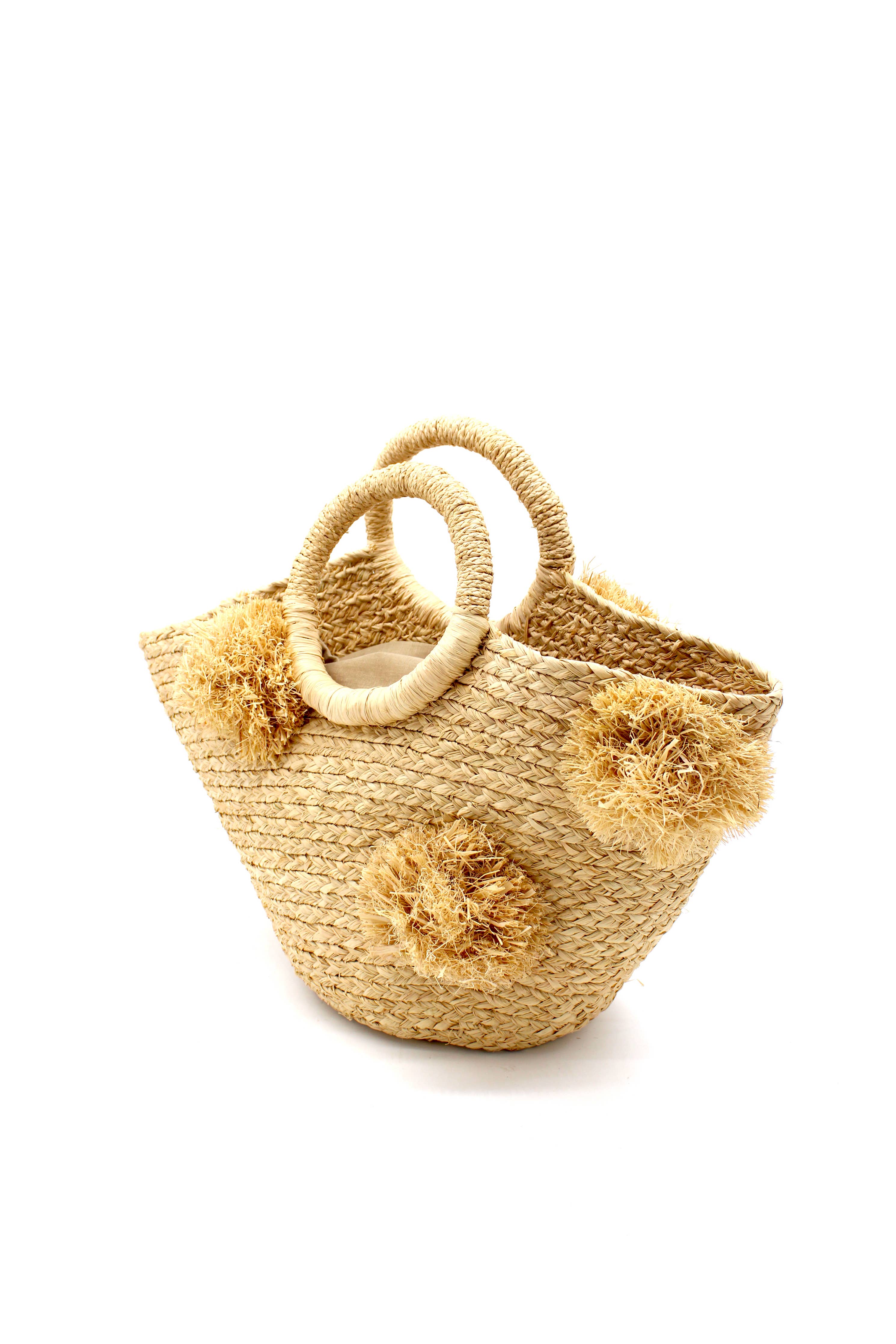 Phi Phi Braided Straw Basket with Oversized Raffia Poufs: Natural