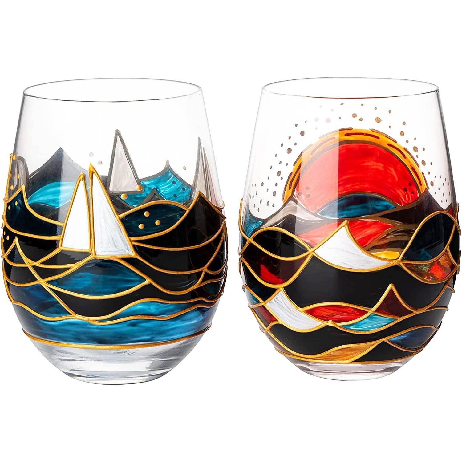 Sailboat Sunrise Artisanal Hand Painted Stemless - Set of 2