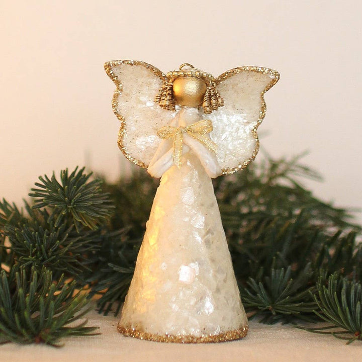 4.5" Capiz Flakes Angel Ornament w/Glitter (Ecru/Gold)