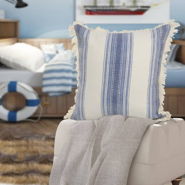 Coastal Striped Blue and Cream Throw Pillow: Navy/Blue/Ivory / Feather Filled