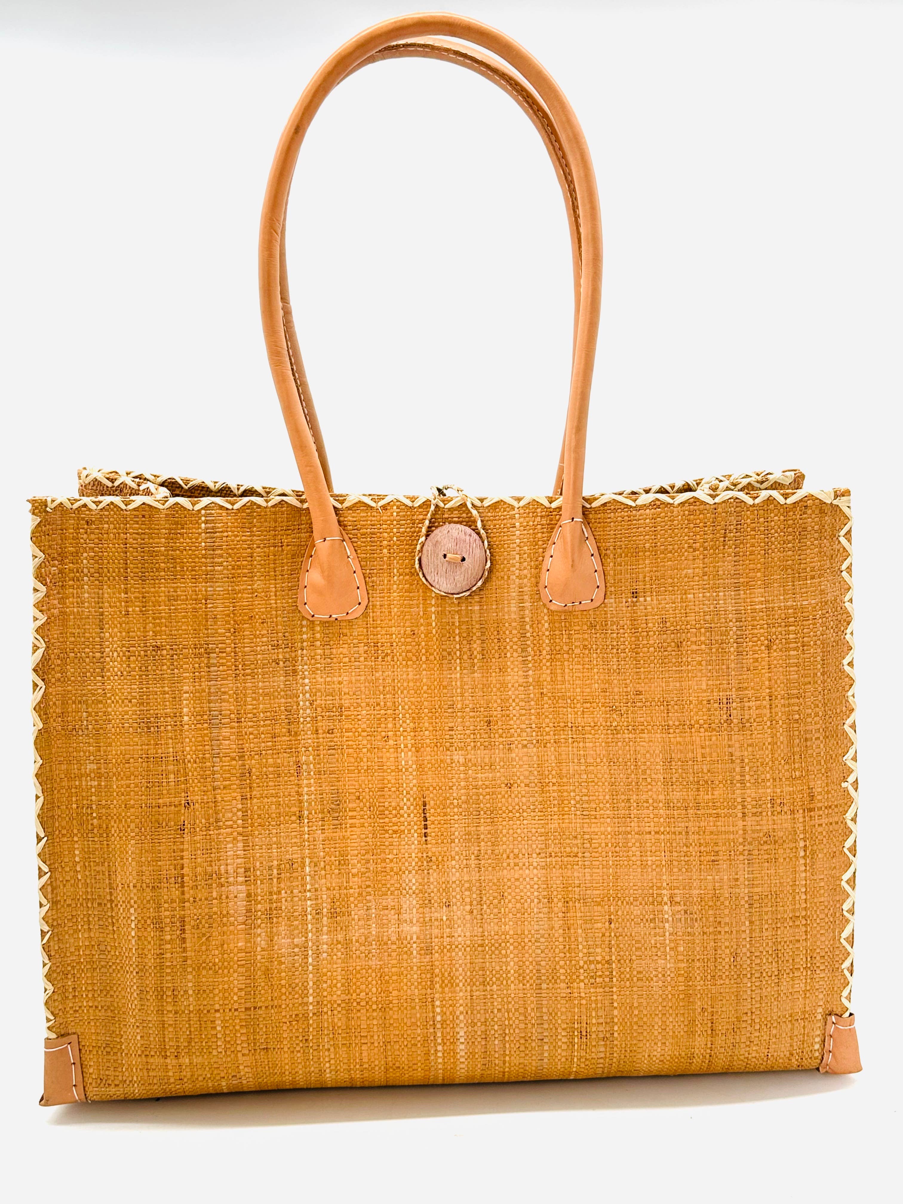 Zafran Solid Straw Beach Bag with Plastic Liner - 2 Sizes: Large / TOBACCO