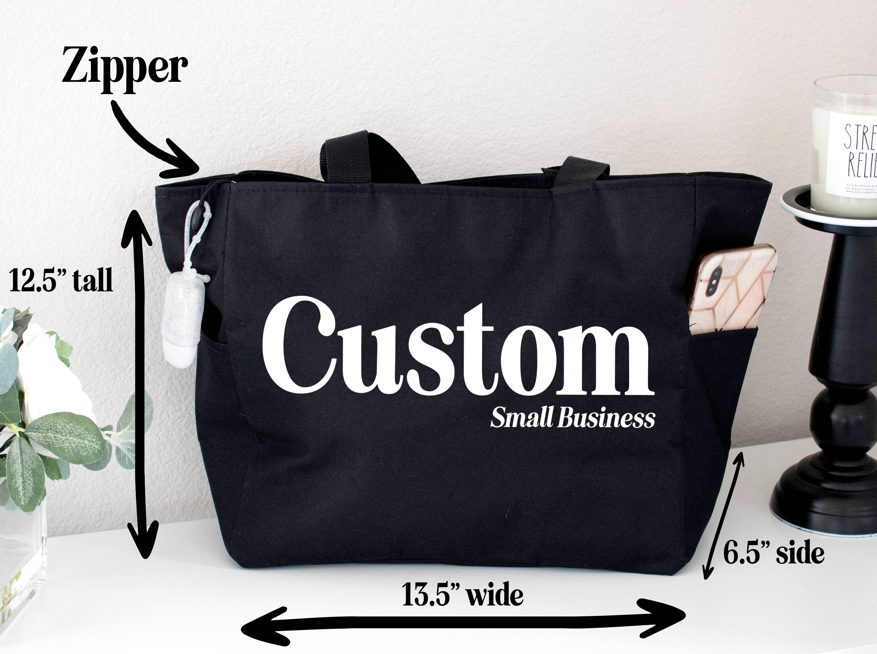 CUSTOM Small Business Tote Bag with Zipper and Side Pockets: Black