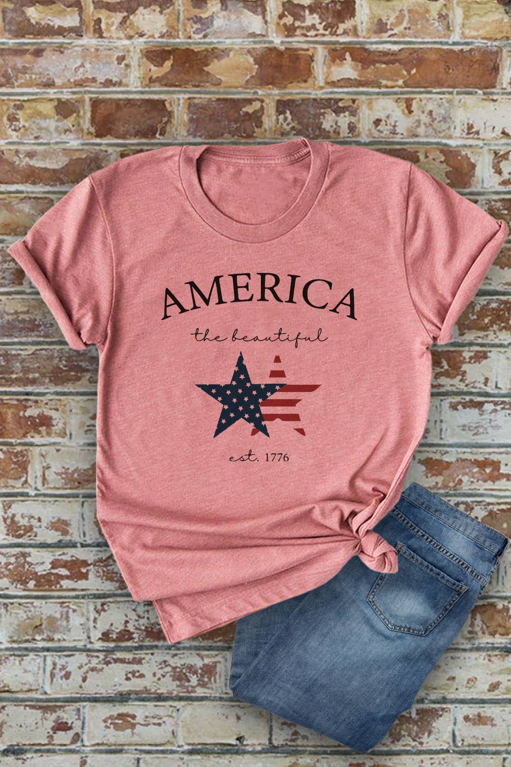 America The Beautiful, 4th of July, UNISEX Round Neck T-Shirt: L / Dusty Rose