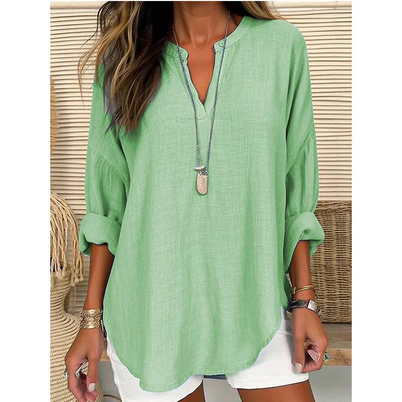 CWTBLL0260_Blouse Linen Long Sleeve Casual V Neck Top: White / (L) 1