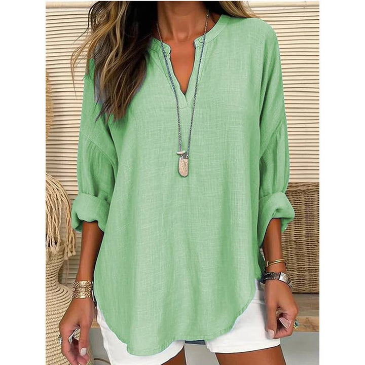 CWTBLL0260_Blouse Linen Long Sleeve Casual V Neck Top: White / (L) 1