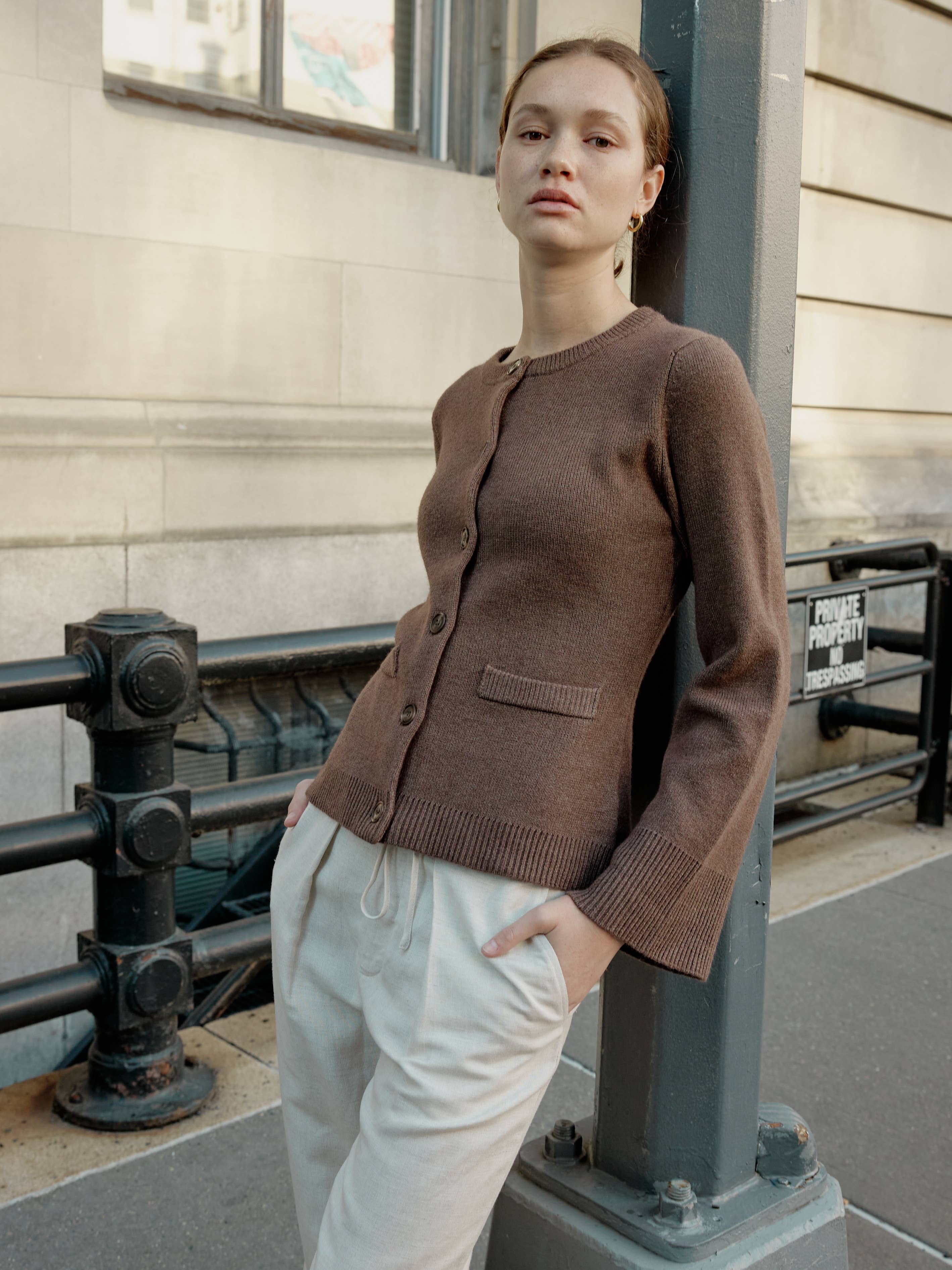 The Tyler Cardigan | Bell Sleeve Buttoned Cardigan: CHESTNUT BROWN / MEDIUM