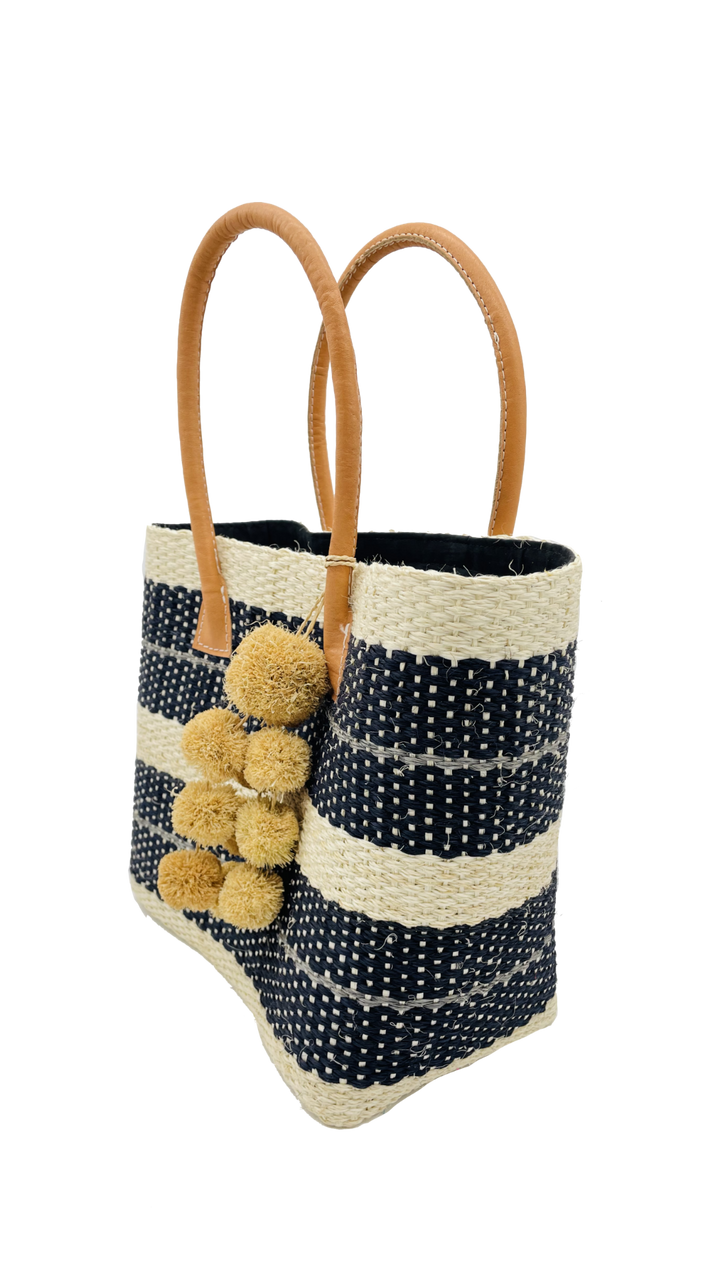 Imperial Sisal Basket Bag with Waterfall Pompoms- 2 sizes: Fuschia / Small