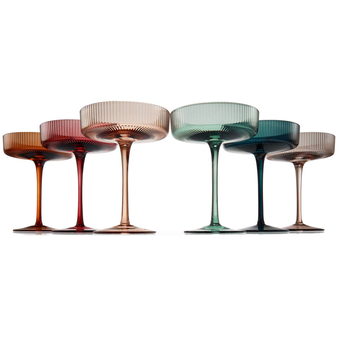 Art Deco Ribbed Pastel Coupe, & Cocktail Glasses - 6 Set