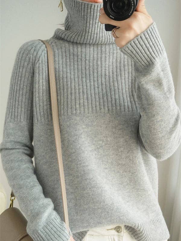 Casual Long Sleeves Loose Solid Color High-Neck Sweater Tops: GRAY / M