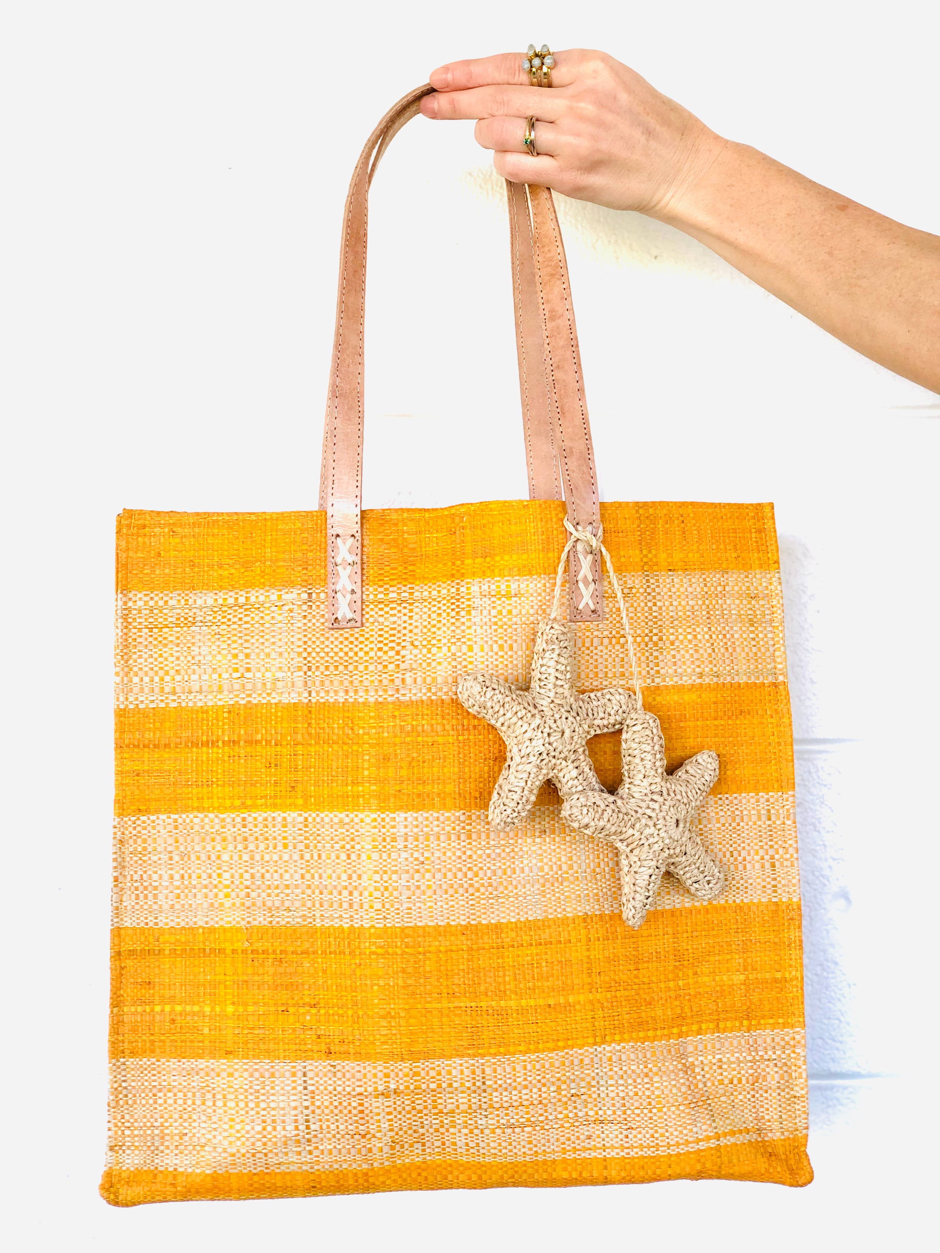 Starfish Straw Bag with Crochet Starfish Charm Embellishment: Saffron