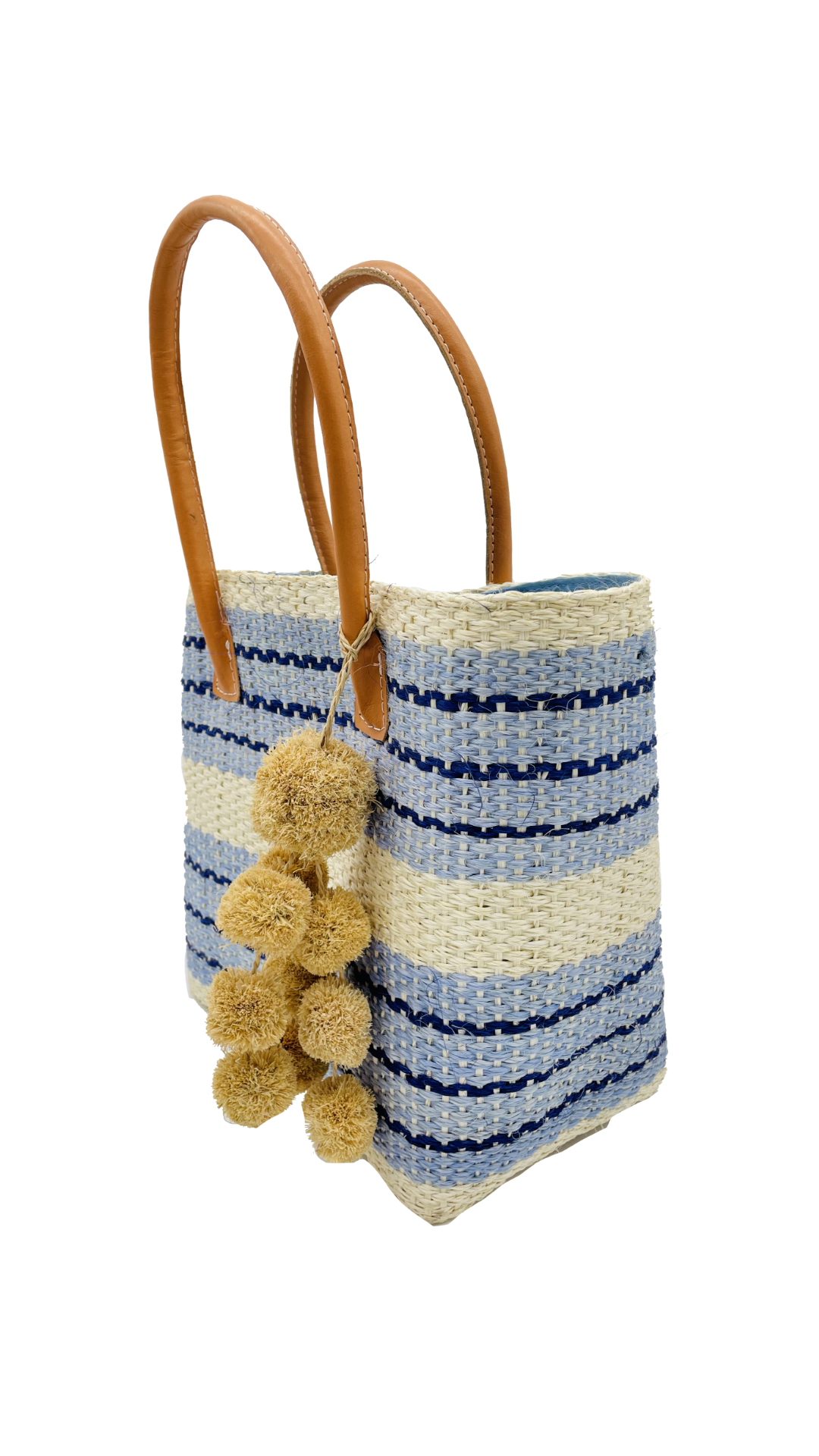 Imperial Sisal Basket Bag with Waterfall Pompoms- 2 sizes: Blue Stripes / Small