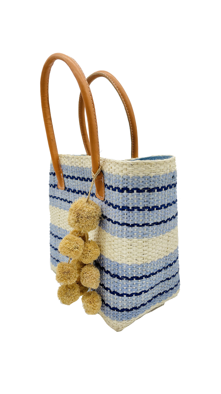Imperial Sisal Basket Bag with Waterfall Pompoms- 2 sizes: Blue Stripes / Small