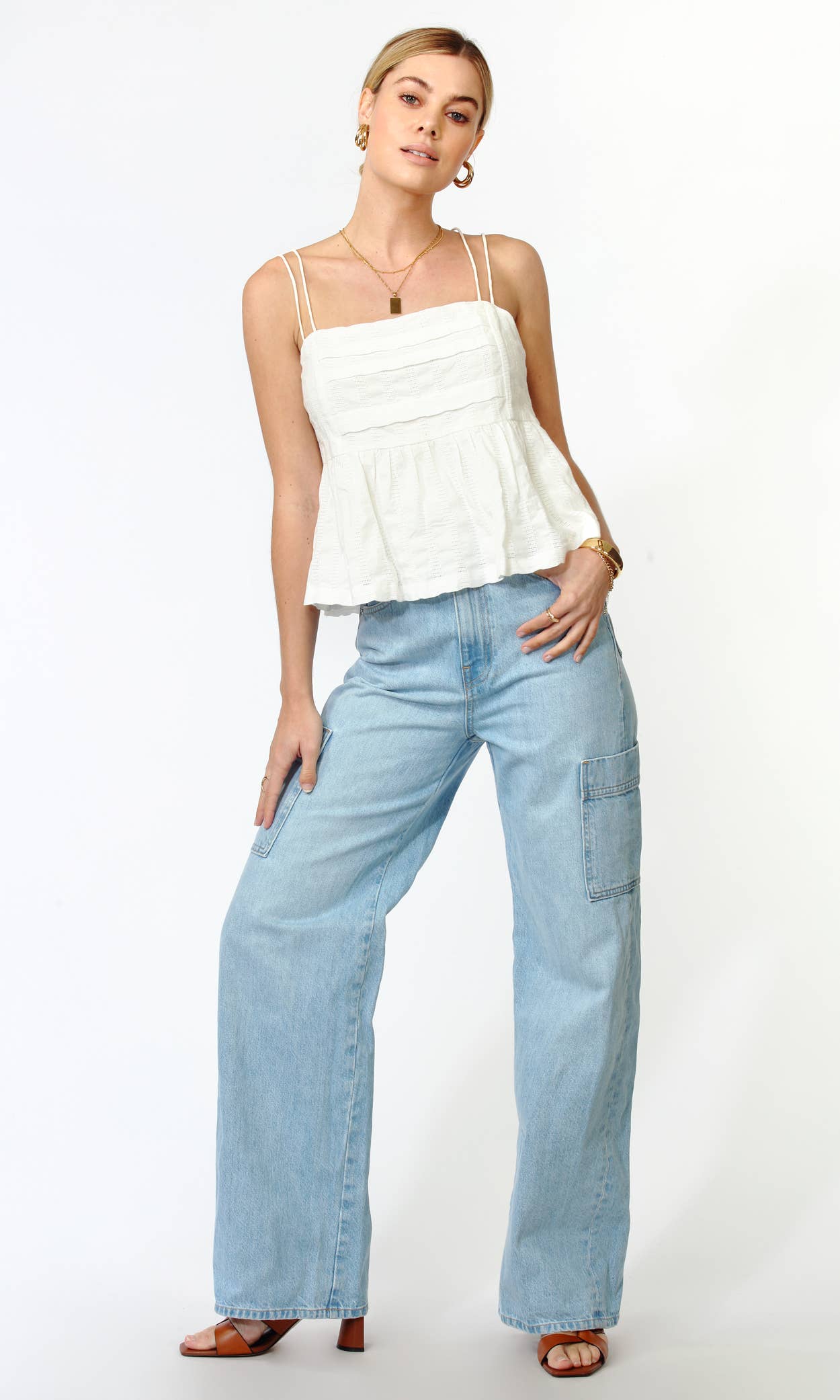 Kaila Pleated Textured Cotton Top: Large / White