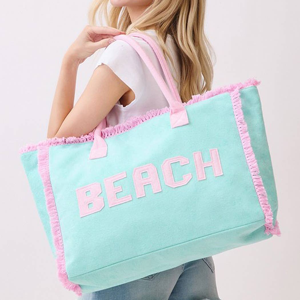 Embroidered Beach Letter Terry Cloth Frayed Tote Bag