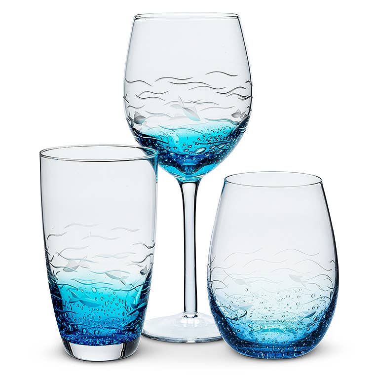Blu/Clear Fish Cut Wine Glass-9"H(18oz)-2527