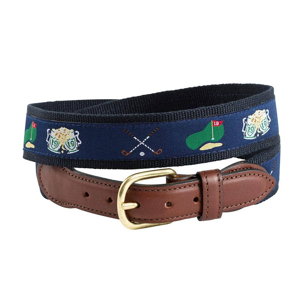 Navy Golf Motif Leather Tab Belt: Brown Leather Tabs / 38"