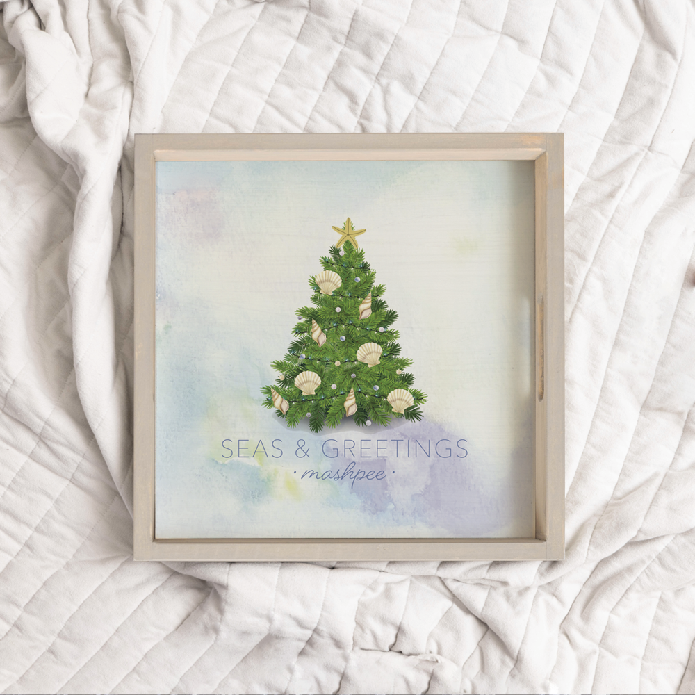Personalized Coastal Christmas Tree Wooden Tray: Natural