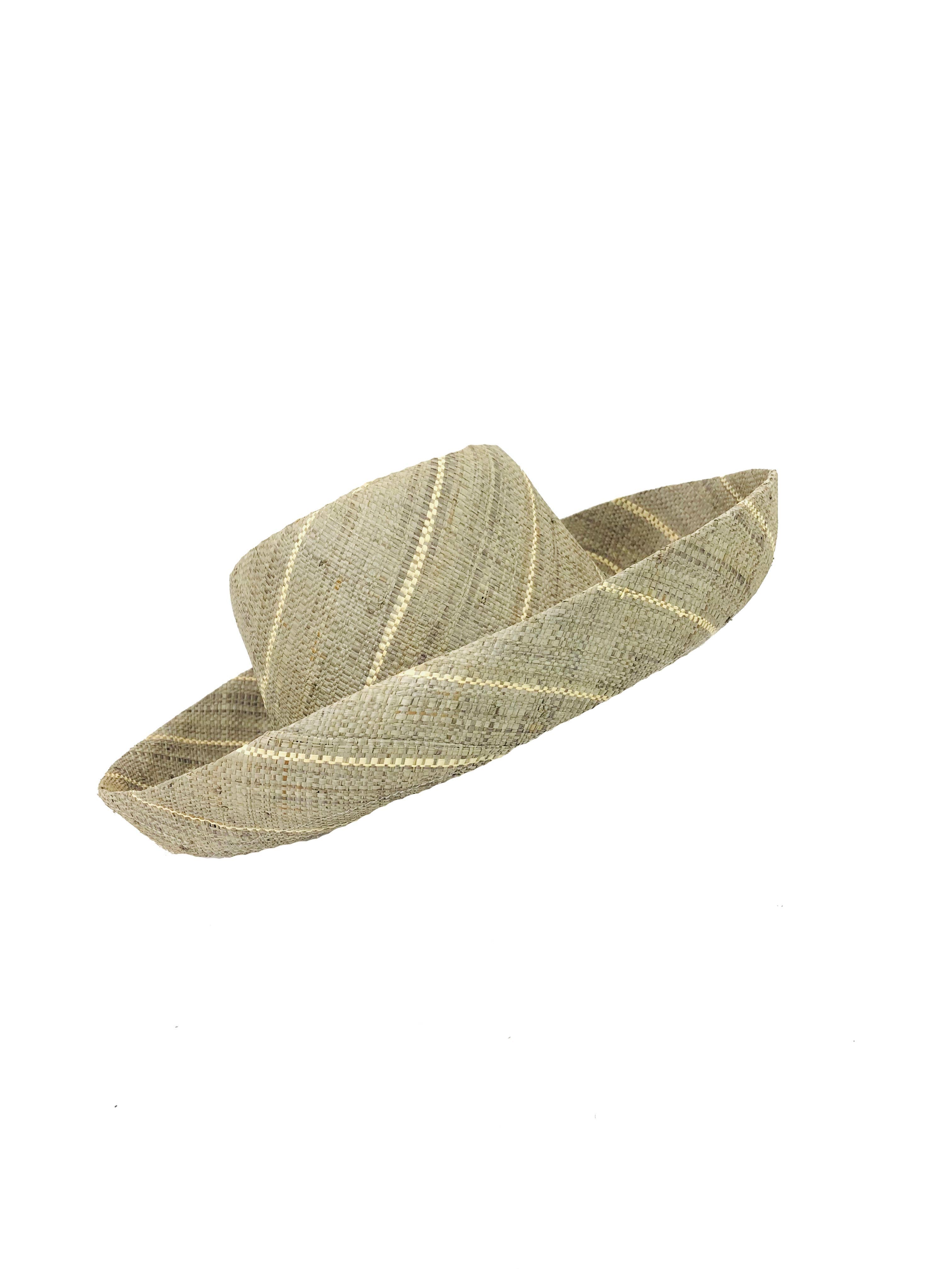 Sun Hats: Pinstripe Packable 5" & 7" Brim Raffia Straw: 7" Brim / Natural w/black Pinstripes