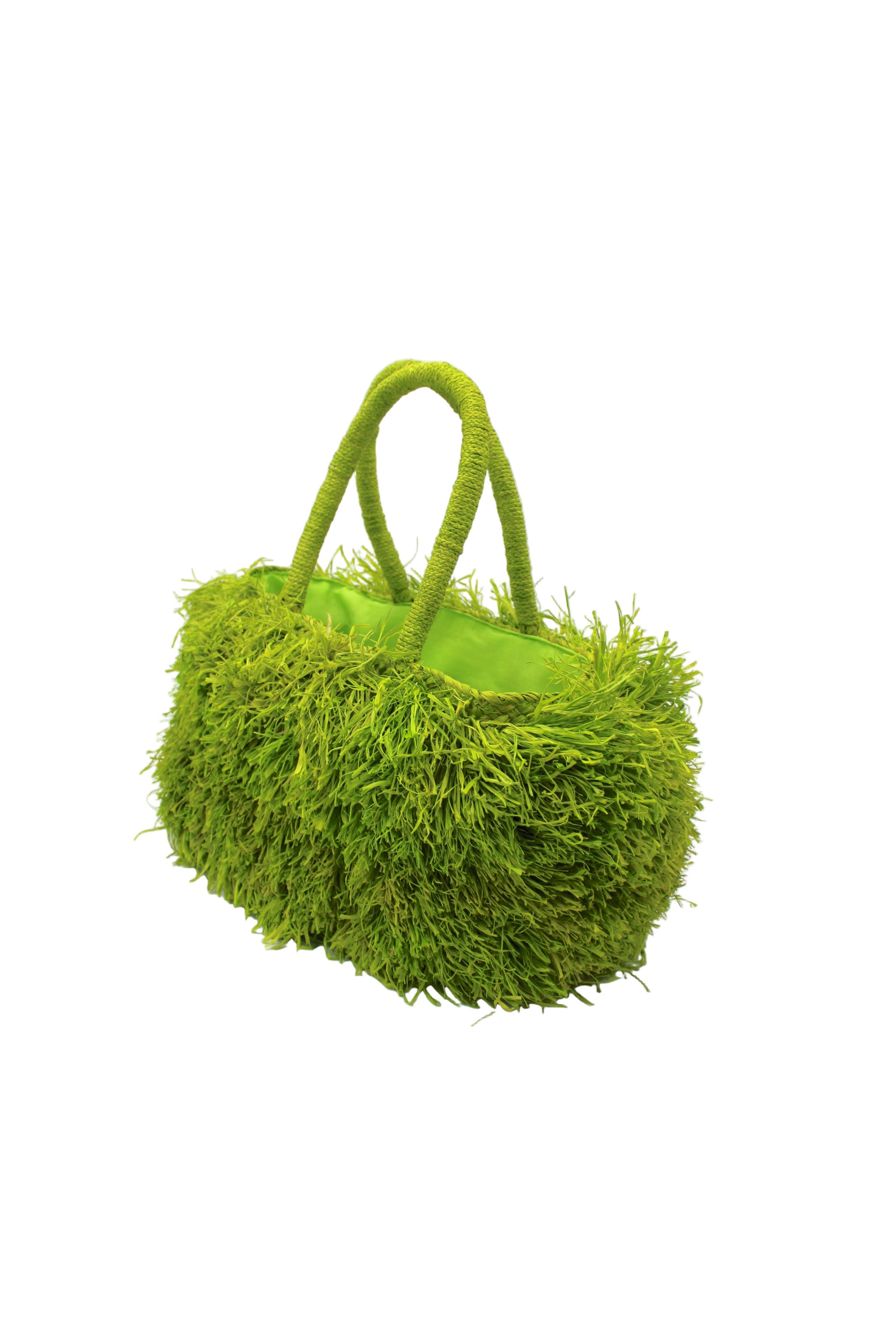 Calypso Pompom Pouf Crochet Straw Basket Handbag: Natural