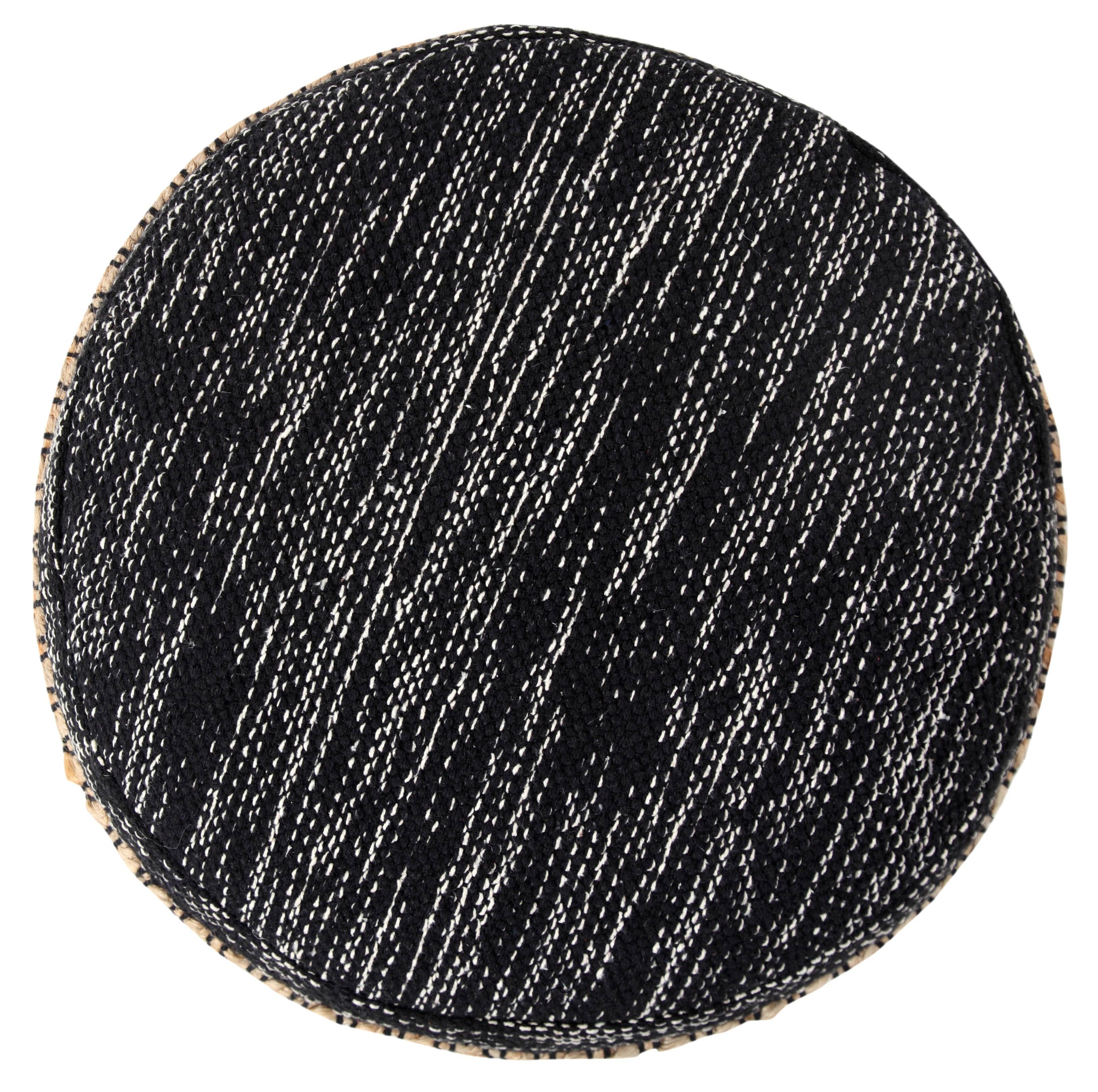 Modern Boho Striped Jute Pouf Ottoman: Black/White/Tan