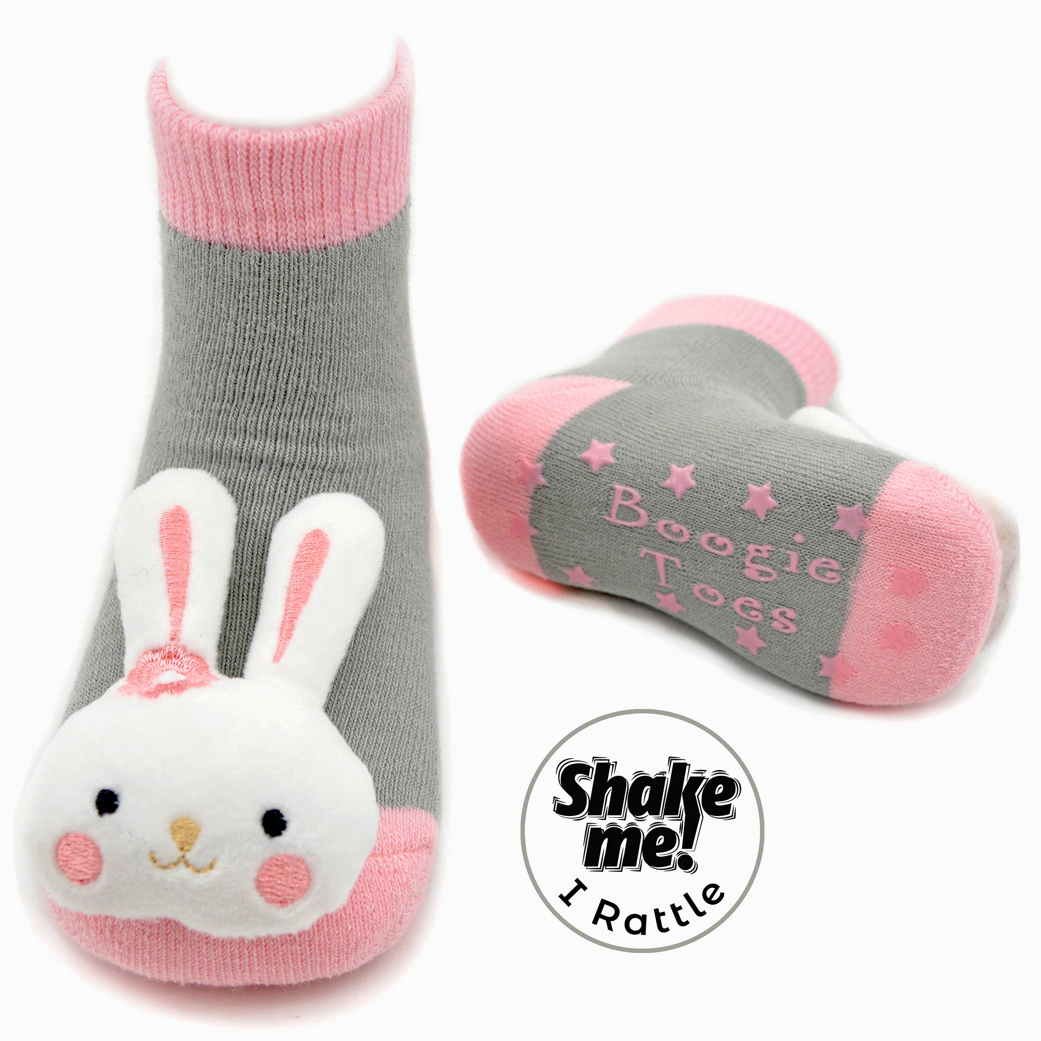 Pink Bunny Boogie Toes - Baby Rattle Socks: 1 - 2 Y