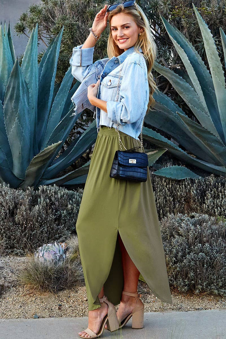 CWBLS041_SMOCKING WAIST MAXI SKIRT WITH SIDE POCKET: Black / (L) 1