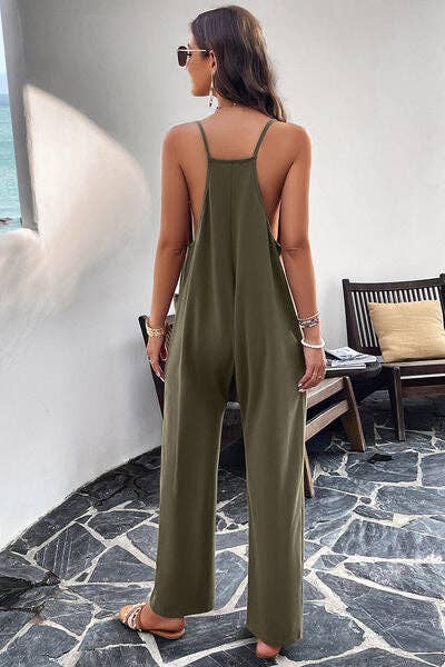 Pocketed Spaghetti Strap Overalls: Black / L