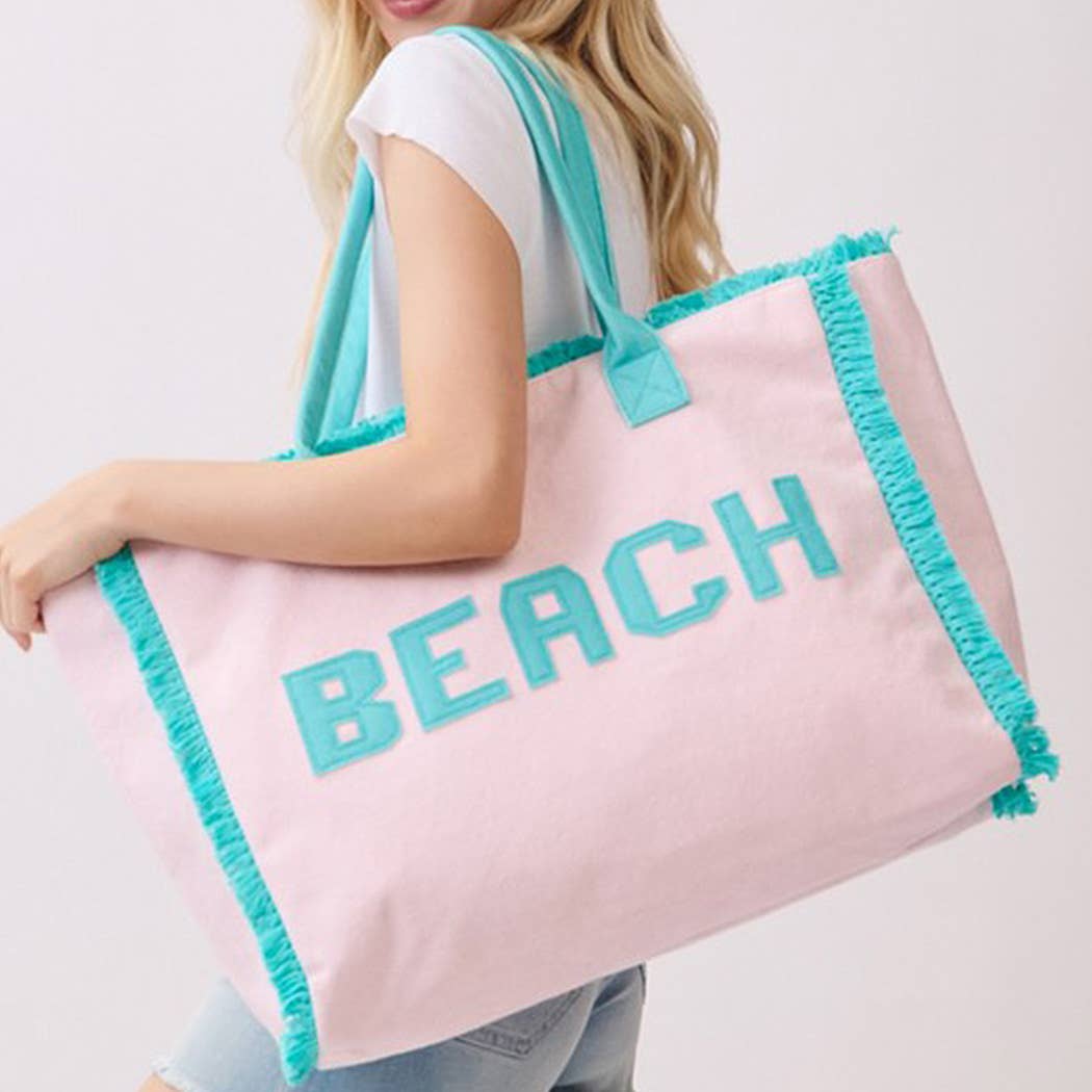 Embroidered Beach Letter Terry Cloth Frayed Tote Bag