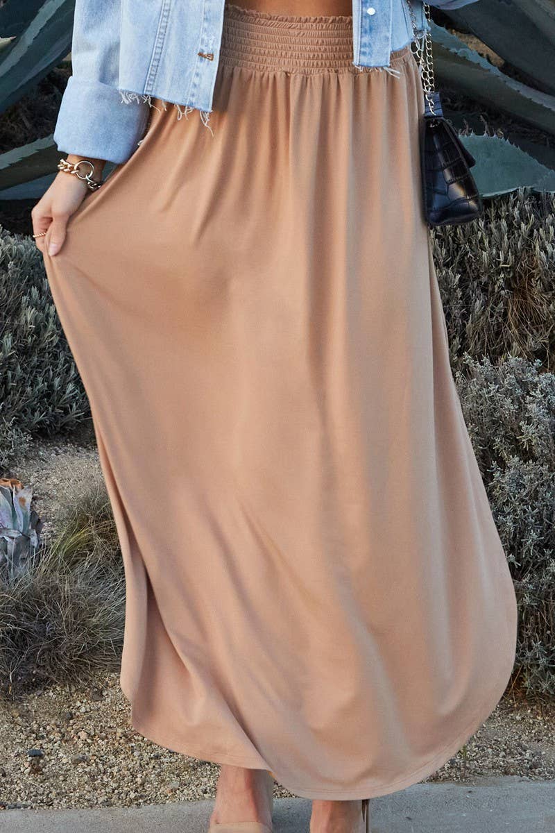 CWBLS041_SMOCKING WAIST MAXI SKIRT WITH SIDE POCKET: CRANBERRY / (L) 1