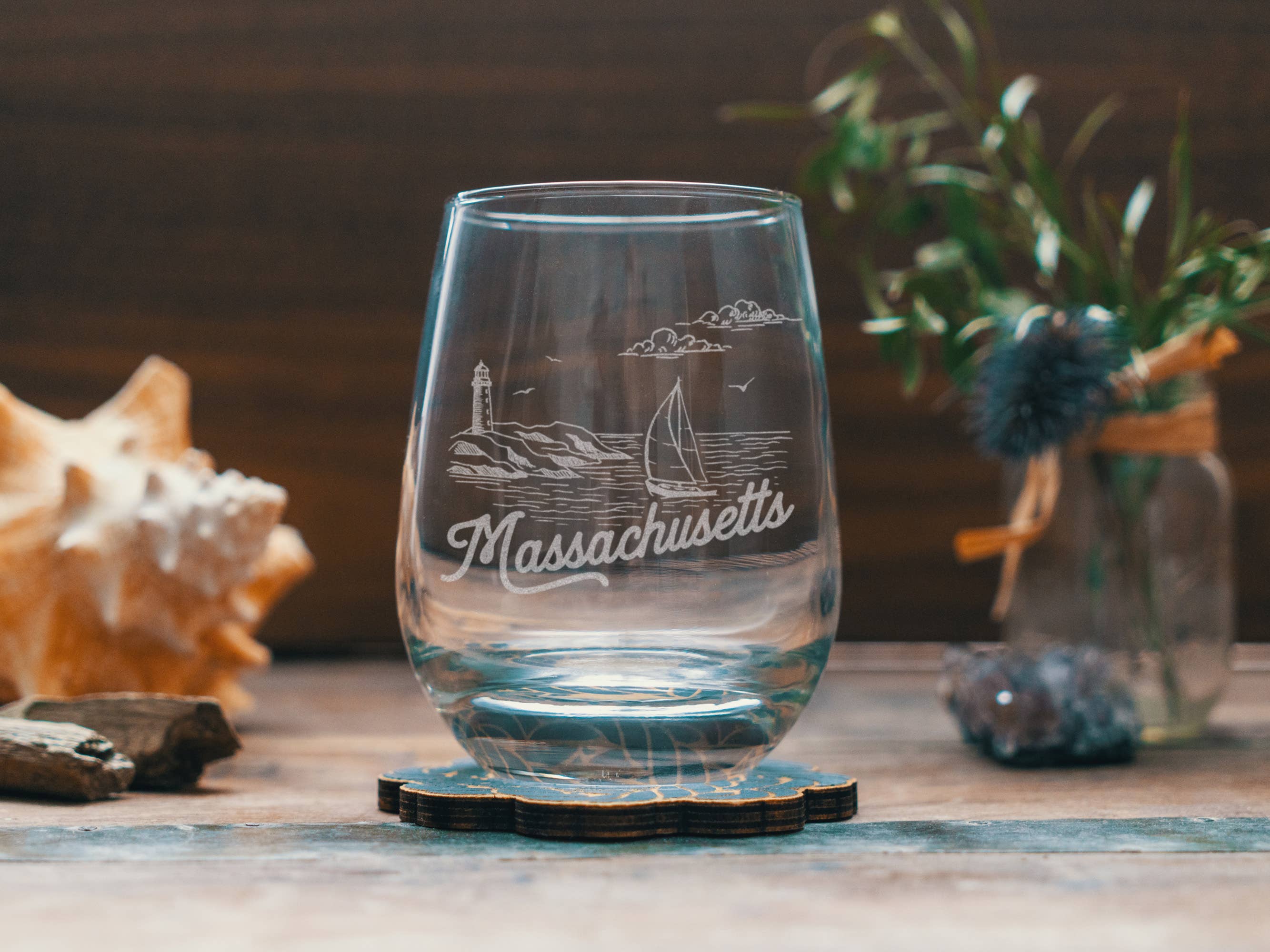 Massachusetts State Drinking Glasses: Stemless Wine ~ 15 oz