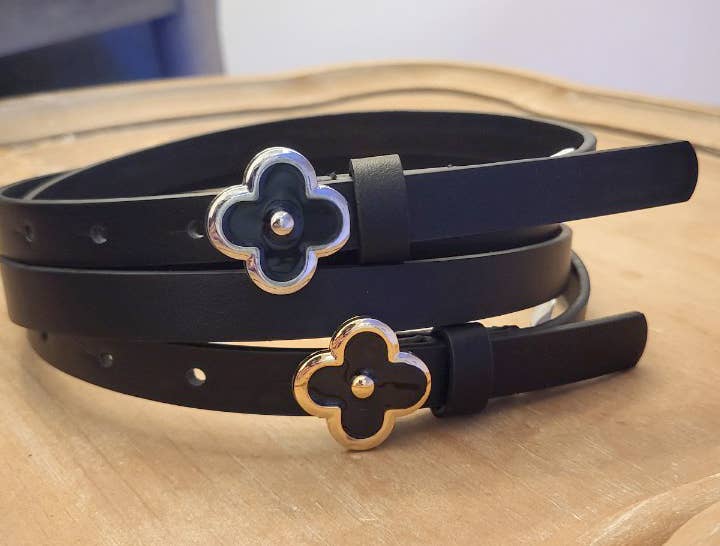 Duo Slim Simple Chic Clover Flower Buckle Leather Belt Set