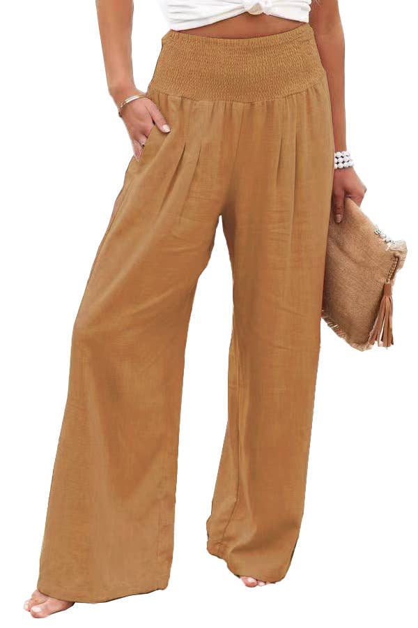 Women's slacks casual wide-legged pants wrap spring trousers: Brown / S
