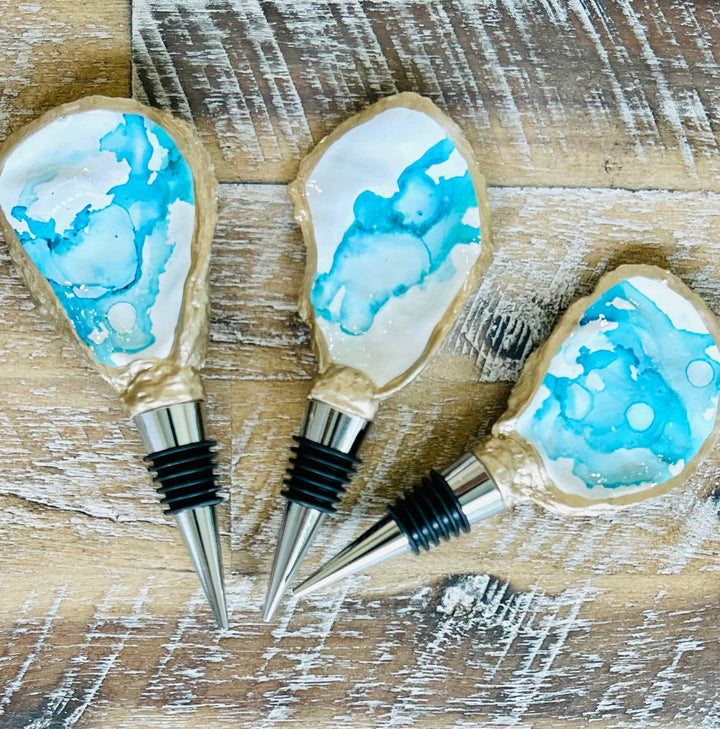 Hand Painted - Oyster Bottle Stopper - Aqua
