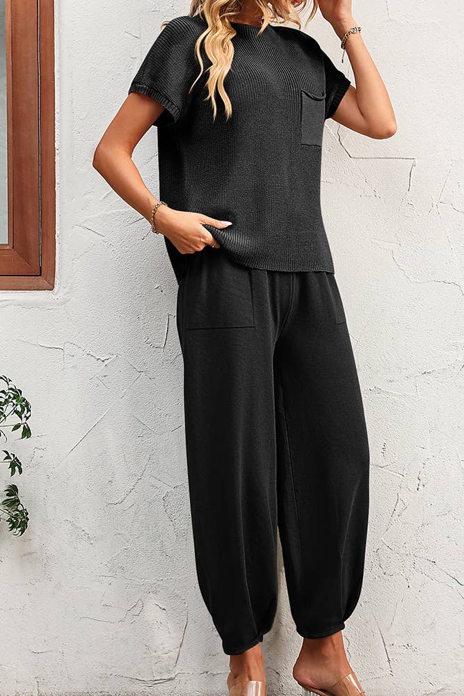 Plain Pocket Knit Top With Joggers 2pcs Pant Set MD092: Black / M