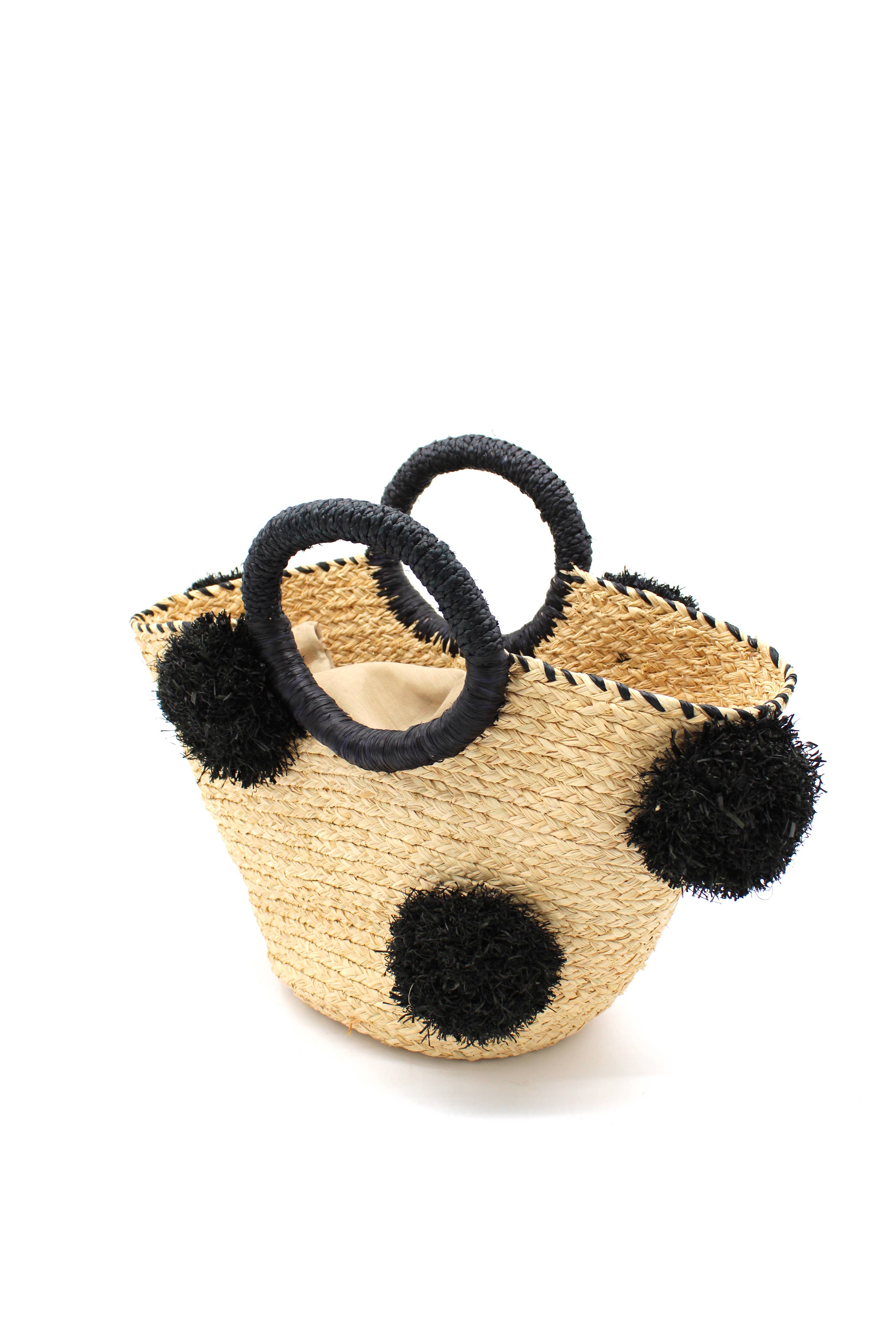 Phi Phi Braided Straw Basket with Oversized Raffia Poufs: Natural