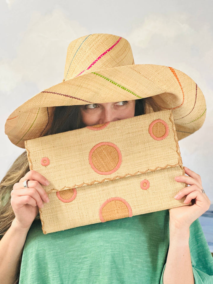 5" & 7" Wide Brim Pinstripe Packable Straw Sun Hats: Brights Multicolor Pinstripes / 7" Brim