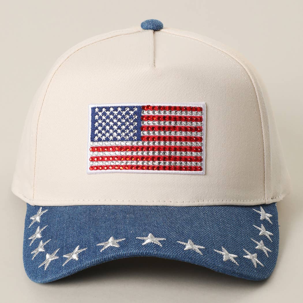 American Flag Rhinestone Patch Denim Star Brim Trucker Cap