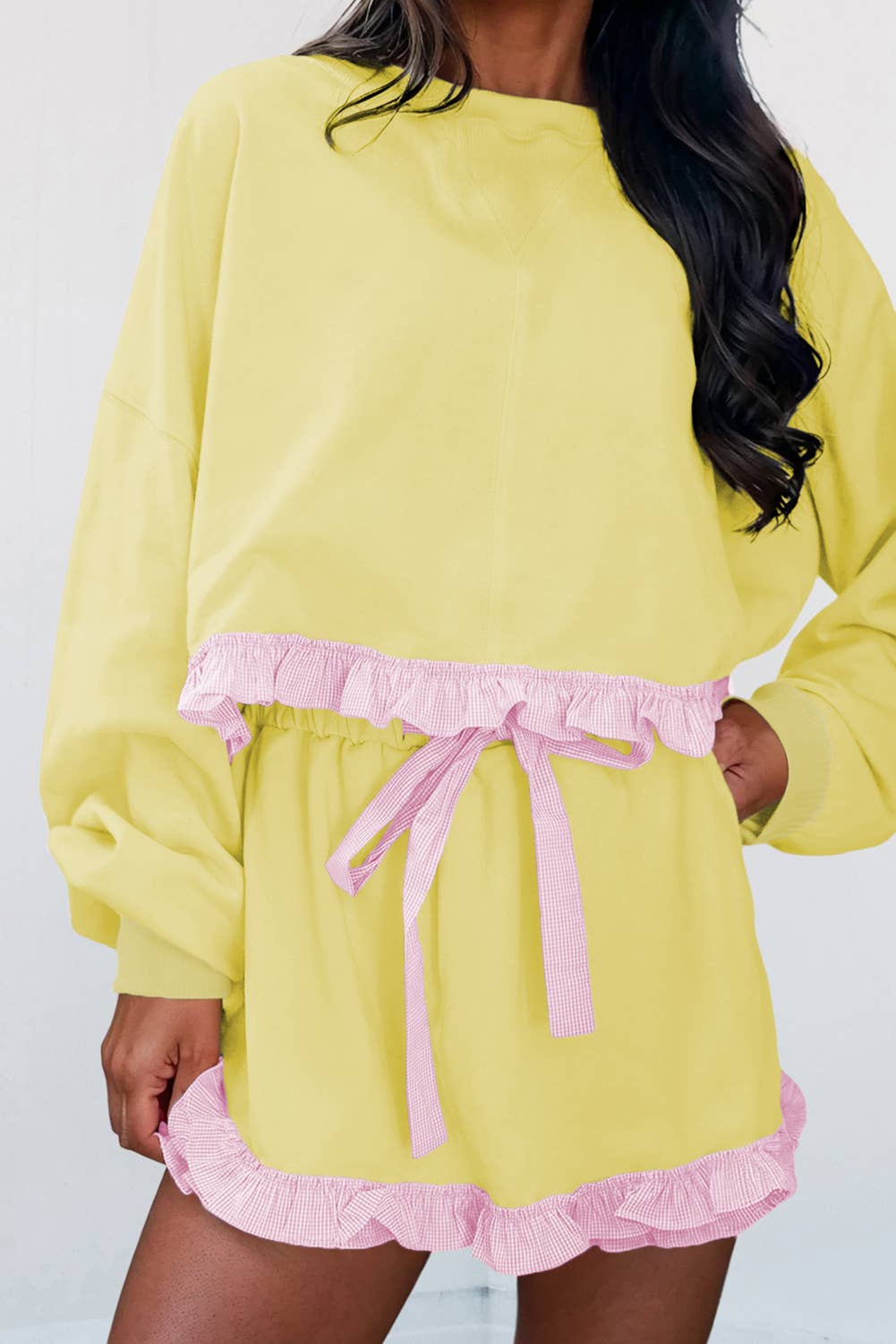 Striped Ruffle Trim Long Sleeve Top & Shorts Set | S-XL: White / Missy / S