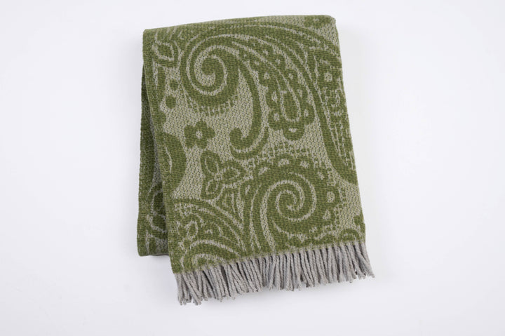 323 - Paisley Pattern Plush Throw with Grey Fringe - 55" x 7: Moss Green