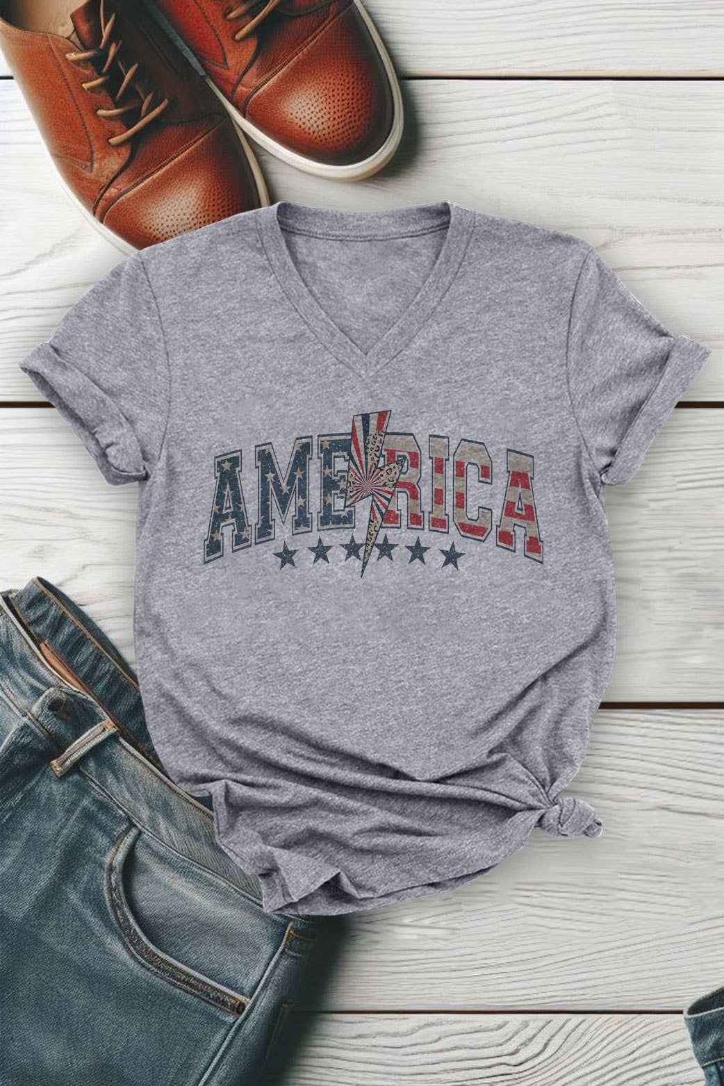 Leopard Lightning Bolt America 4th of July, Unisex V-neck T-Shirt: M / White / Graphic T-Shirt