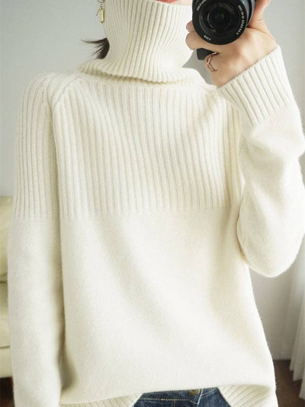 Casual Long Sleeves Loose Solid Color High-Neck Sweater Tops: GRAY / M