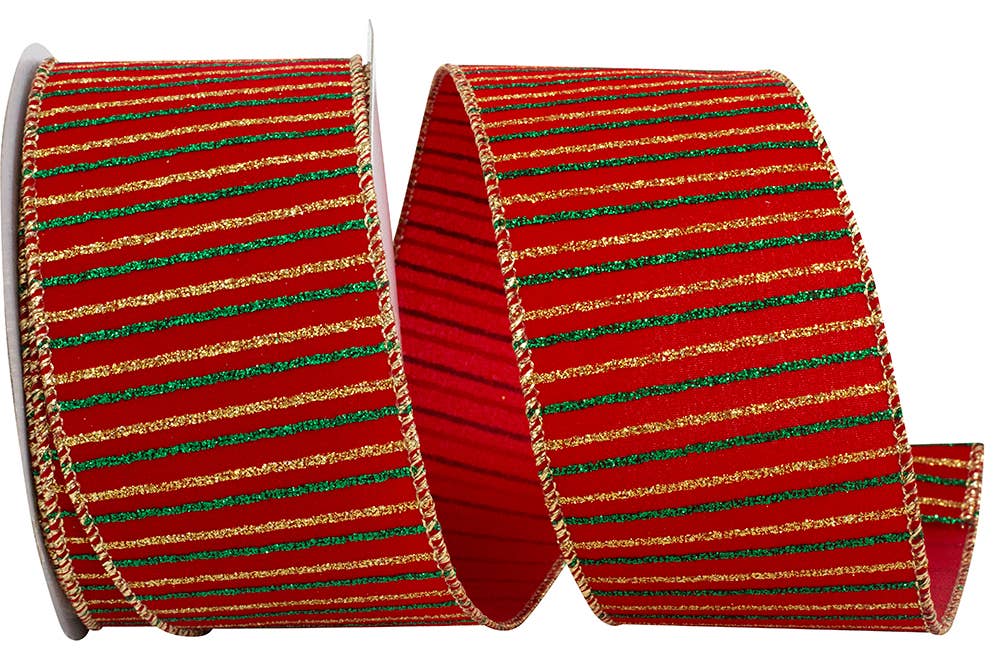 Glitter Cross Stripe Velvet Wired Edge, Red/gold, 2-1/2 In