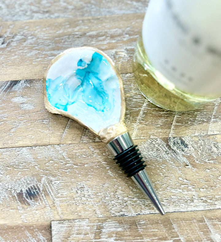 Hand Painted - Oyster Bottle Stopper - Aqua