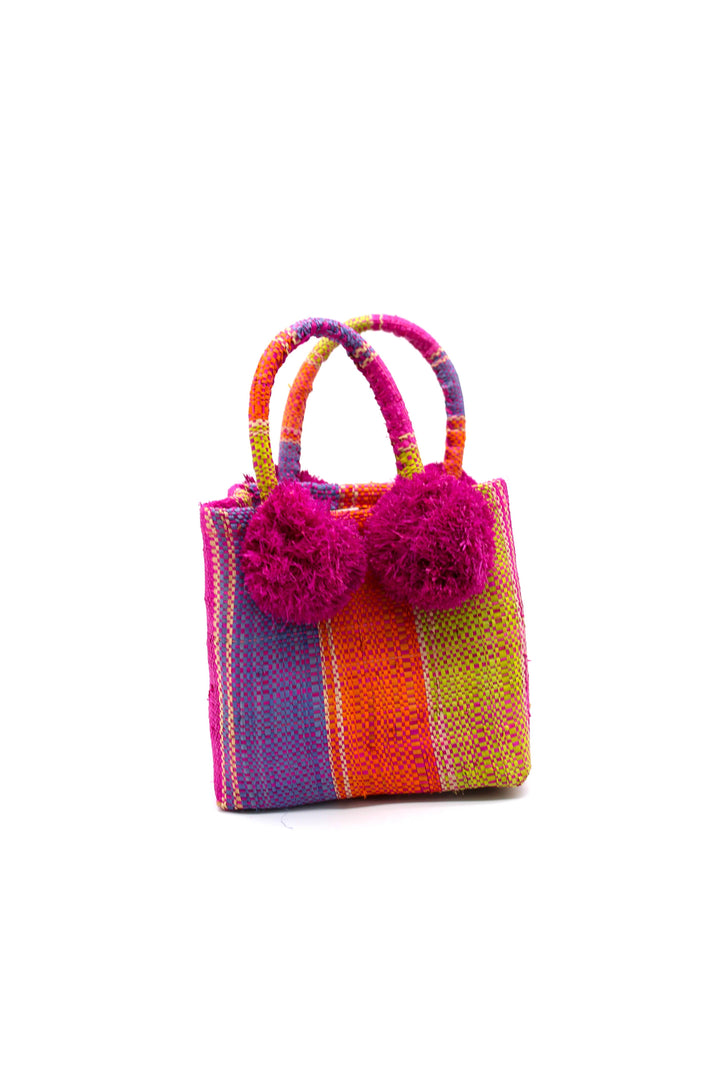 Schooner Straw Mini Bag with Pompom Accent: Black Two Tone Stripe