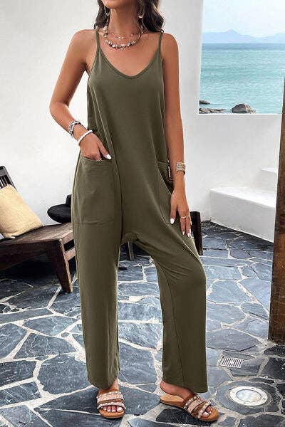 Pocketed Spaghetti Strap Overalls: Black / M