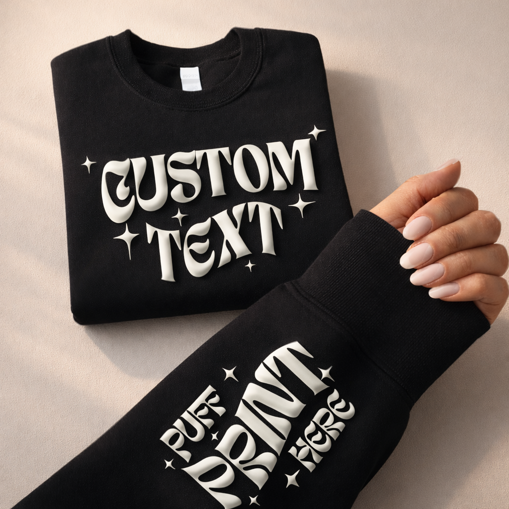 CUSTOM Wrist Sleeve & Front Puff Print Unisex Sweatshirt: Black / White / 2XL