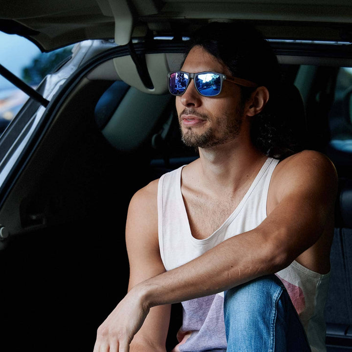 Square Bamboo Wood Sunglasses with Blue Polarized Lenses