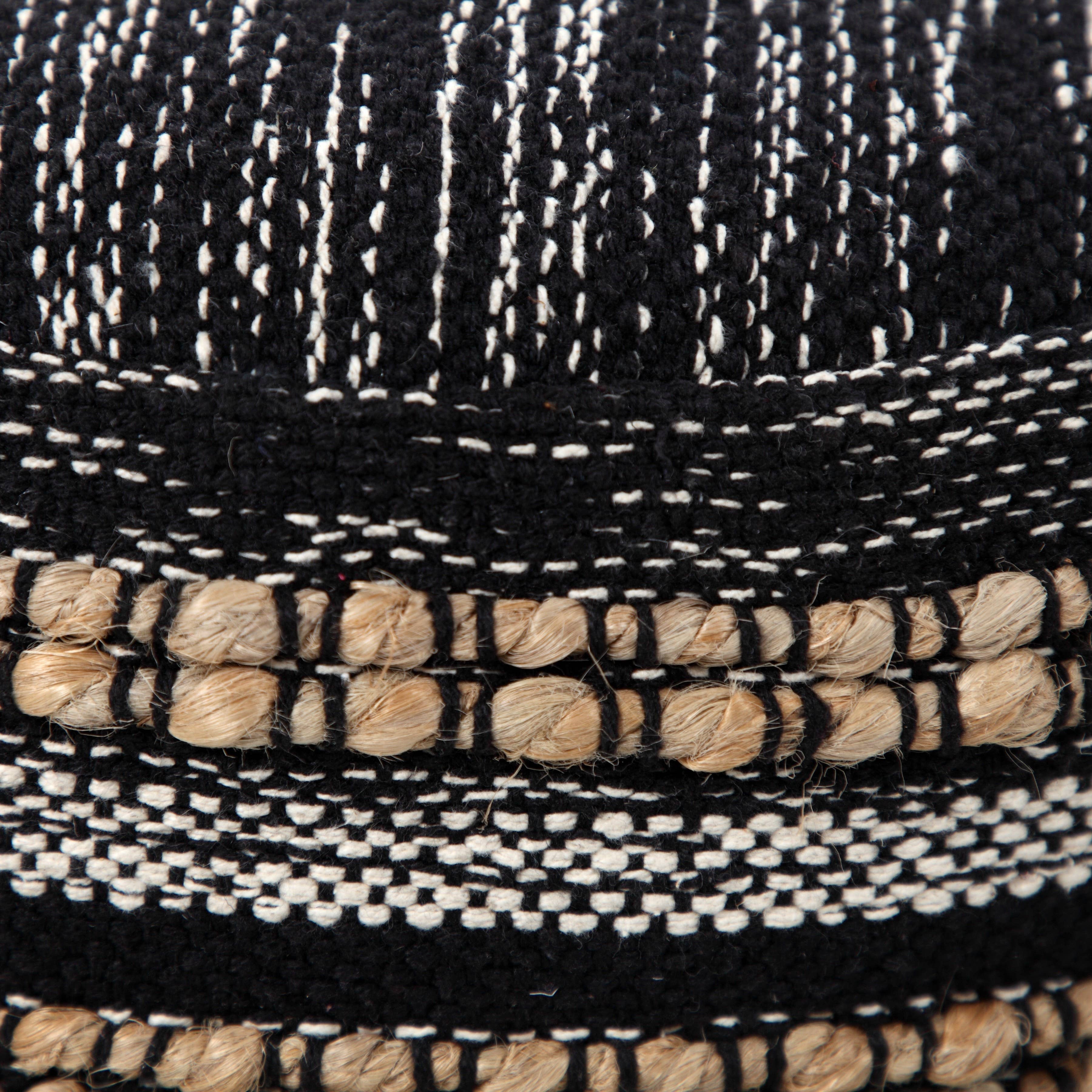 Modern Boho Striped Jute Pouf Ottoman: Black/White/Tan