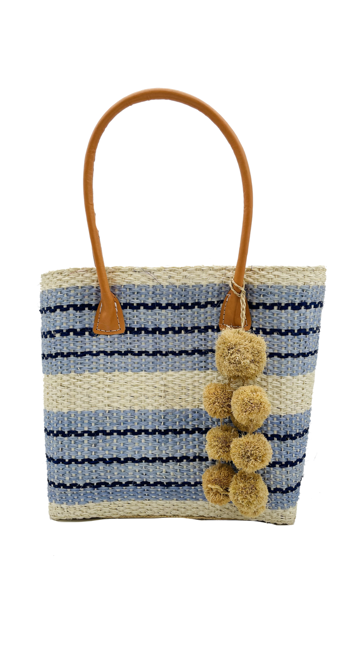 Imperial Sisal Basket Bag with Waterfall Pompoms- 2 sizes: Fuschia / Small
